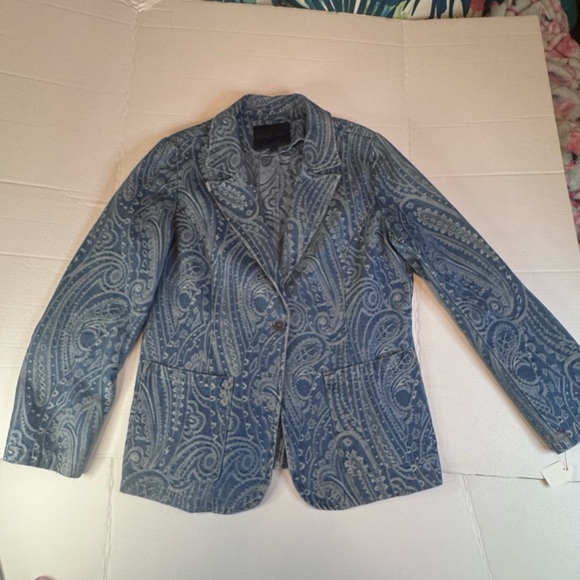 Solitaire Paisley Denim Blazer Jacket Size L Blue Western Boho Tailored Jacket - Picture 6 of 11